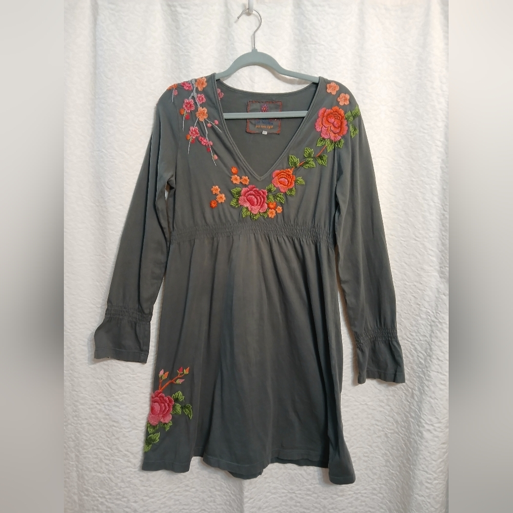 Johnny Was Olive Green Dress with Colorful Embroidery.